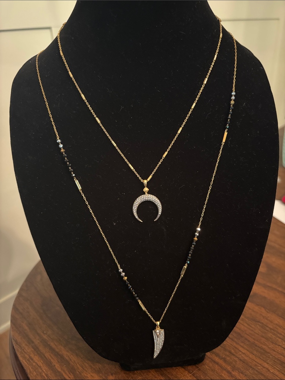 Stella & Dot Gold Layered Crescent and Horn Necklace with Black Beads